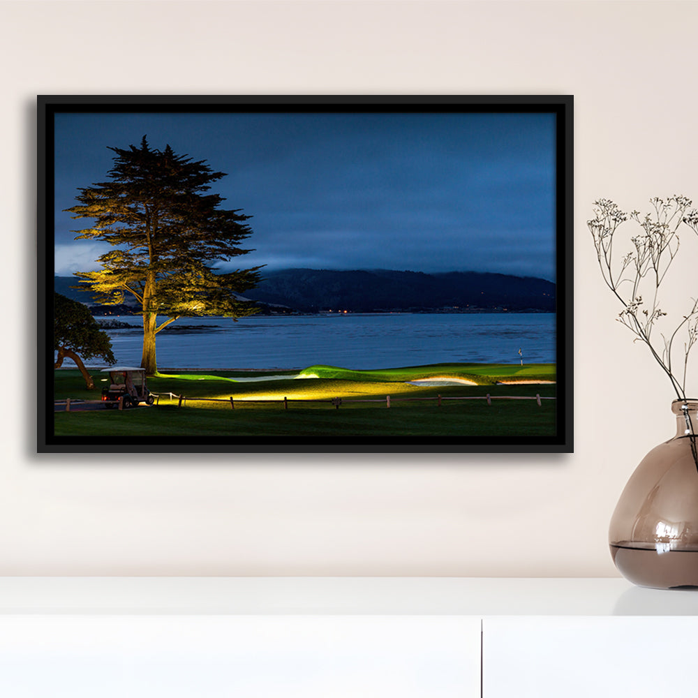 Pebble Beach Golf Resort, Hole 18 At Night Fine Art, Floating Framed Canvas Print Wall Art