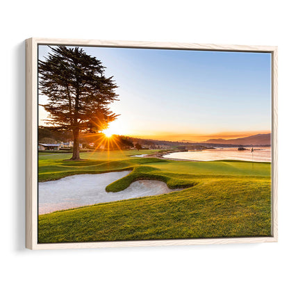 Pebble Beach Golf Resort, Sunrise On Hole 18 Fine Art, Floating Framed Canvas Print Wall Art