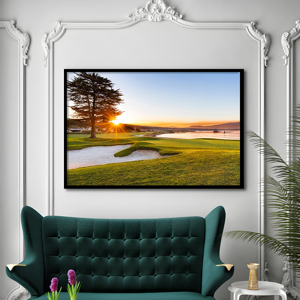 Pebble Beach Golf Resort, Sunrise On Hole 18 Fine Art, Framed Art Print Wall Decor, Picture Framed