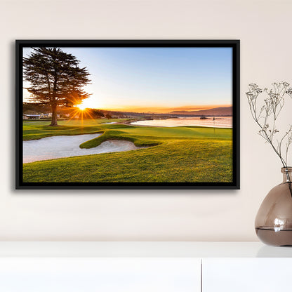 Pebble Beach Golf Resort, Sunrise On Hole 18 Fine Art, Floating Framed Canvas Print Wall Art