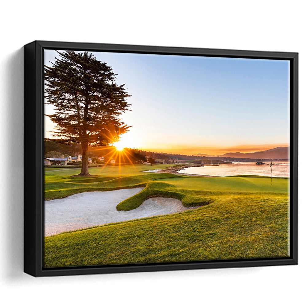 Pebble Beach Golf Resort, Sunrise On Hole 18 Fine Art, Floating Framed Canvas Print Wall Art