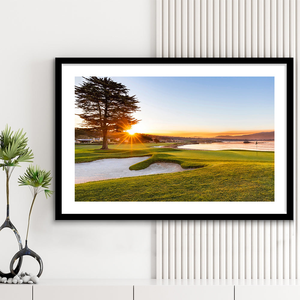 Pebble Beach Golf Resort, Sunrise On Hole 18 Fine Art, Goft Art Print, Framed Art Print White Border Wall Decor
