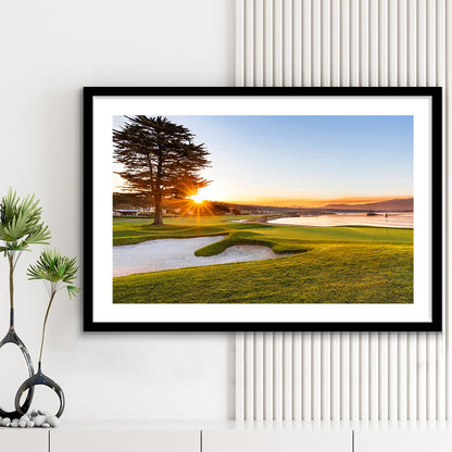 Pebble Beach Golf Resort, Sunrise On Hole 18 Fine Art, Goft Art Print, Framed Art Print White Border Wall Decor