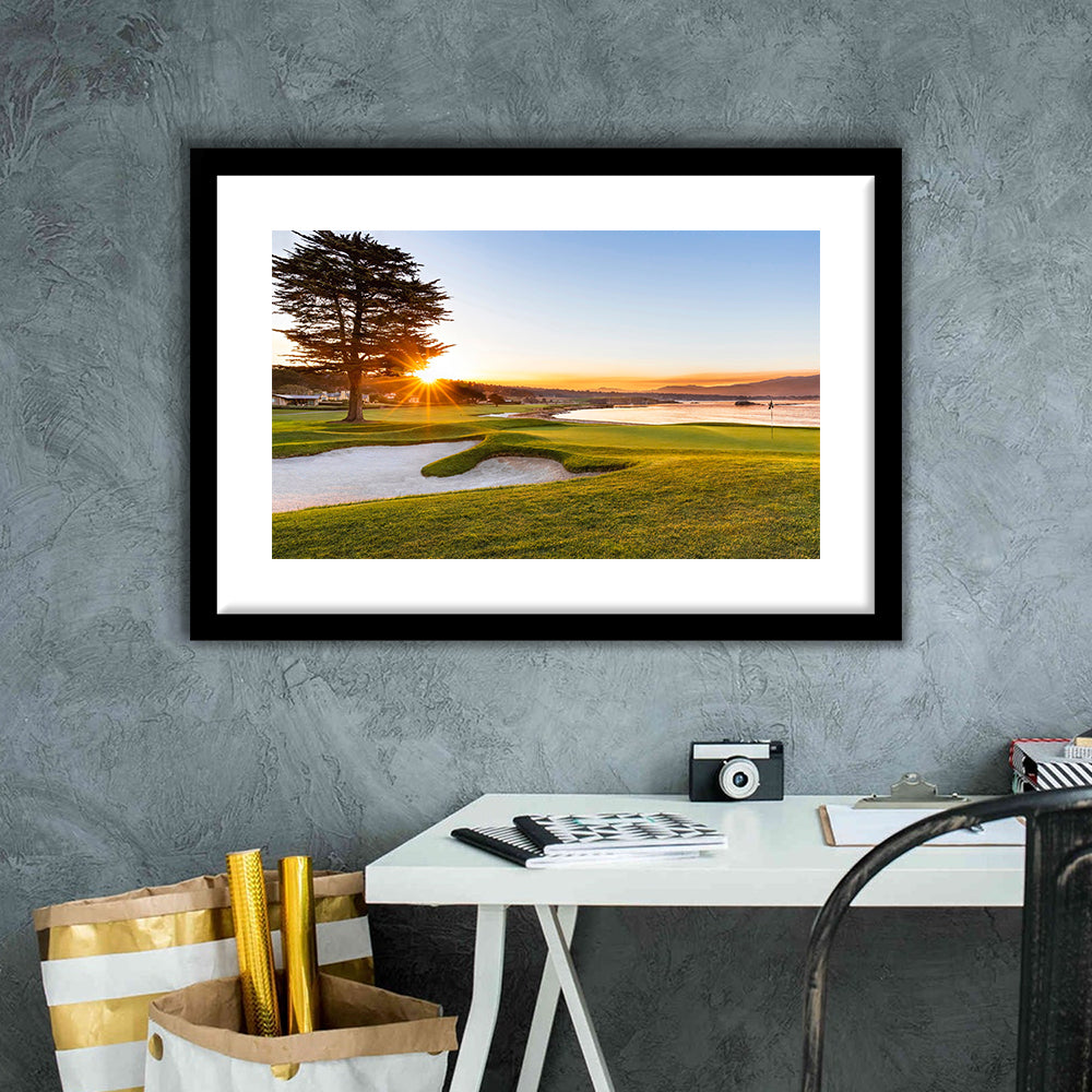Pebble Beach Golf Resort, Sunrise On Hole 18 Fine Art, Goft Art Print, Framed Art Print White Border Wall Decor