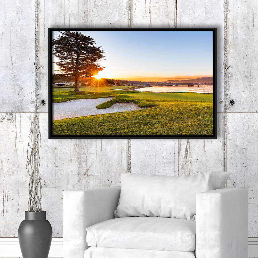 Pebble Beach Golf Resort, Sunrise On Hole 18 Fine Art, Floating Framed Canvas Print Wall Art