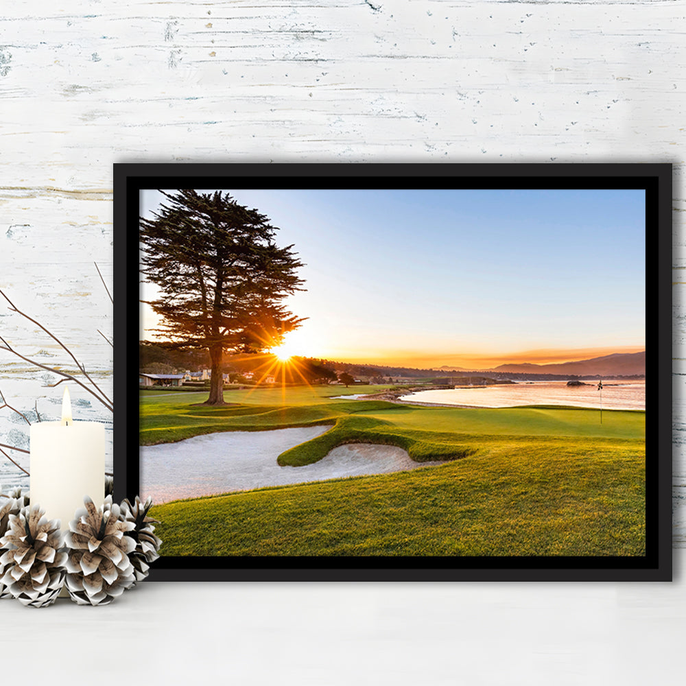 Pebble Beach Golf Resort, Sunrise On Hole 18 Fine Art, Floating Framed Canvas Print Wall Art