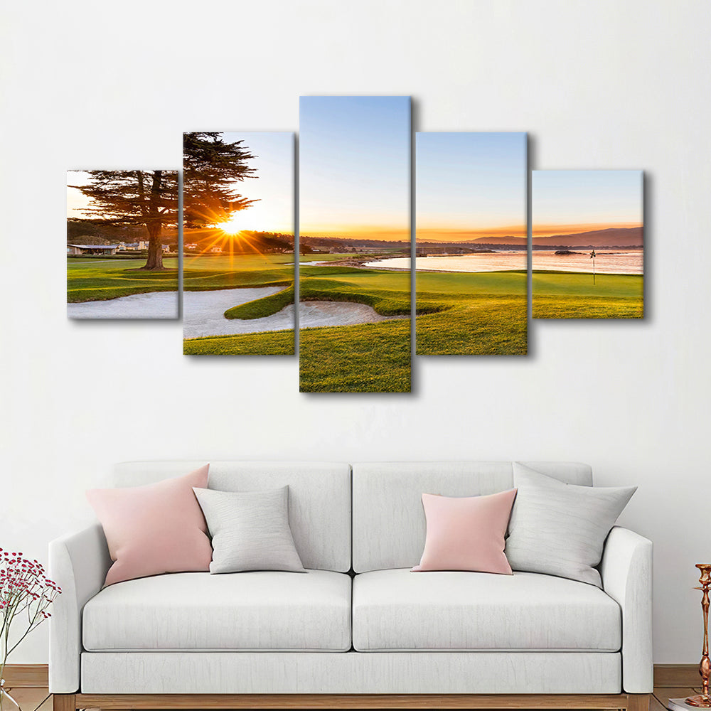 Pebble Beach Golf Resort, Sunrise On Hole 18 Fine Art, Golf Art Print, 5 Pieces Mixed Canvas Print Wall Art