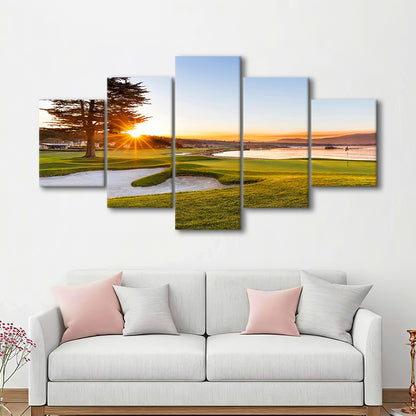 Pebble Beach Golf Resort, Sunrise On Hole 18 Fine Art, Golf Art Print, 5 Pieces Mixed Canvas Print Wall Art