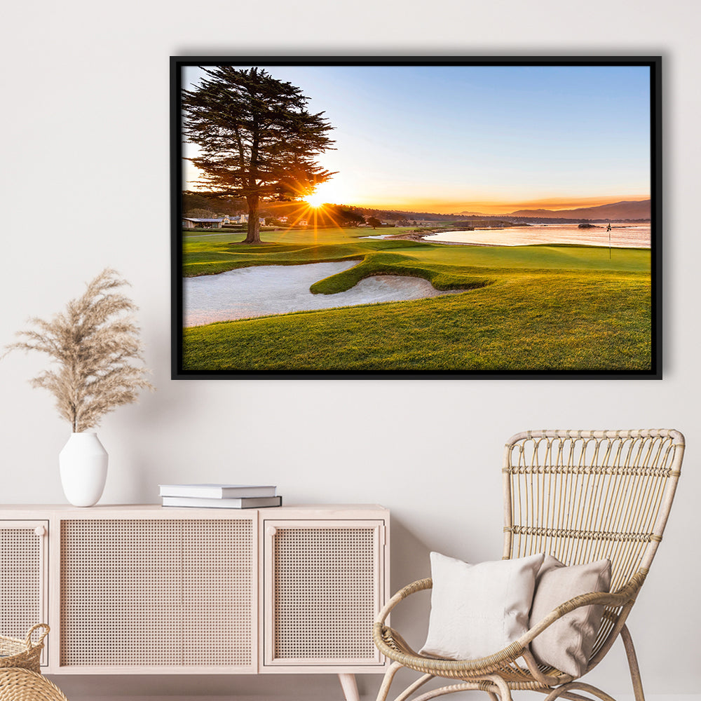 Pebble Beach Golf Resort, Sunrise On Hole 18 Fine Art, Floating Framed Canvas Print Wall Art