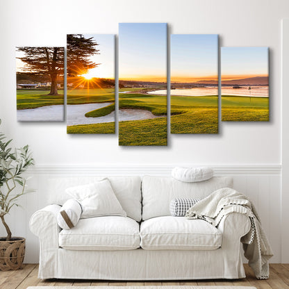 Pebble Beach Golf Resort, Sunrise On Hole 18 Fine Art, Golf Art Print, 5 Pieces Mixed Canvas Print Wall Art