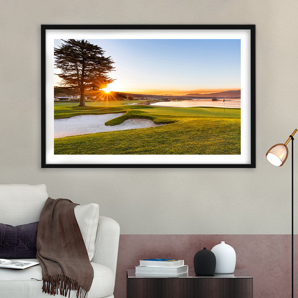 Pebble Beach Golf Resort, Sunrise On Hole 18 Fine Art, Goft Art Print, Framed Art Print White Border Wall Decor