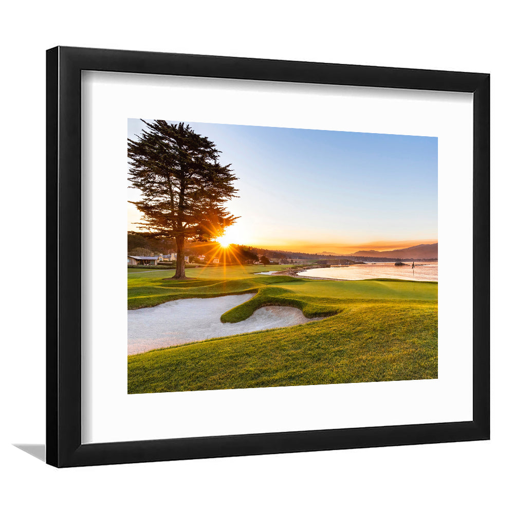 Pebble Beach Golf Resort, Sunrise On Hole 18 Fine Art, Goft Art Print, Framed Art Print White Border Wall Decor
