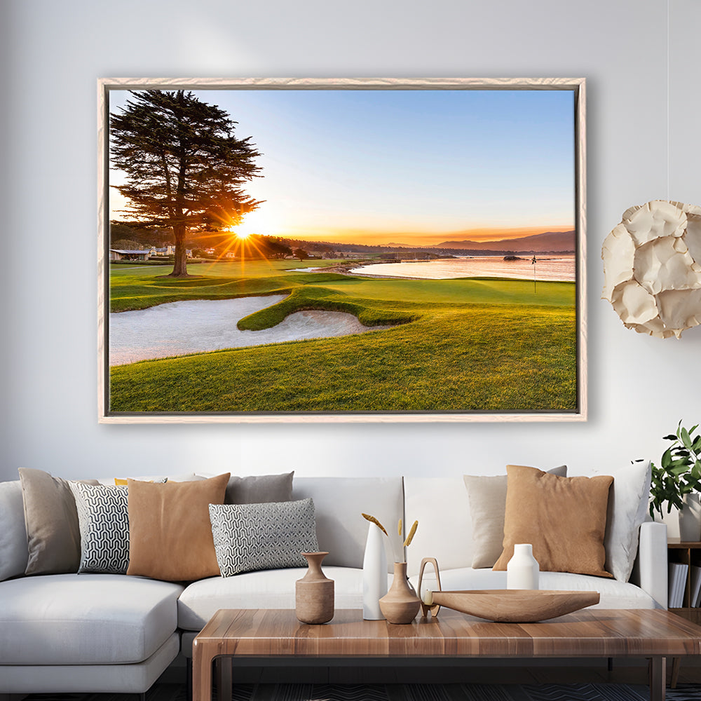 Pebble Beach Golf Resort, Sunrise On Hole 18 Fine Art, Floating Framed Canvas Print Wall Art