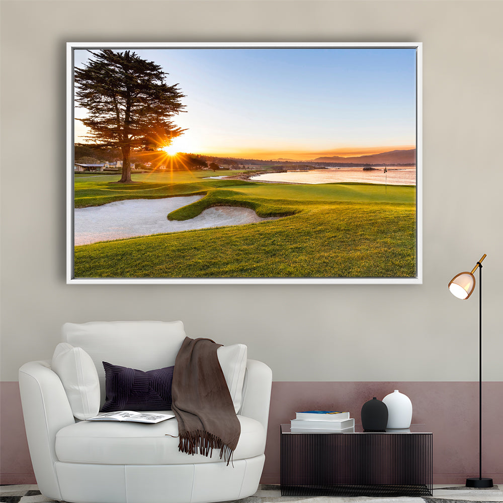 Pebble Beach Golf Resort, Sunrise On Hole 18 Fine Art, Floating Framed Canvas Print Wall Art