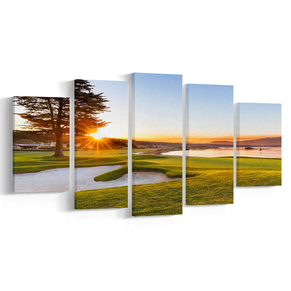 Pebble Beach Golf Resort, Sunrise On Hole 18 Fine Art, Golf Art Print, 5 Pieces Mixed Canvas Print Wall Art