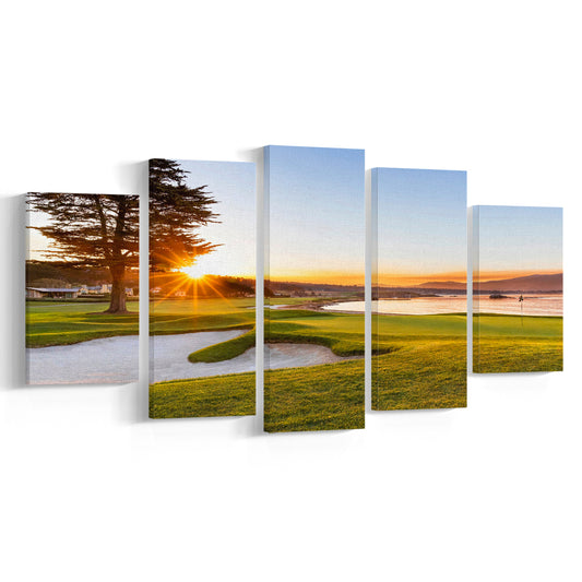 Pebble Beach Golf Resort, Sunrise On Hole 18 Fine Art, Golf Art Print, 5 Pieces Mixed Canvas Print Wall Art