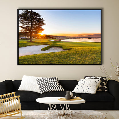 Pebble Beach Golf Resort, Sunrise On Hole 18 Fine Art, Floating Framed Canvas Print Wall Art