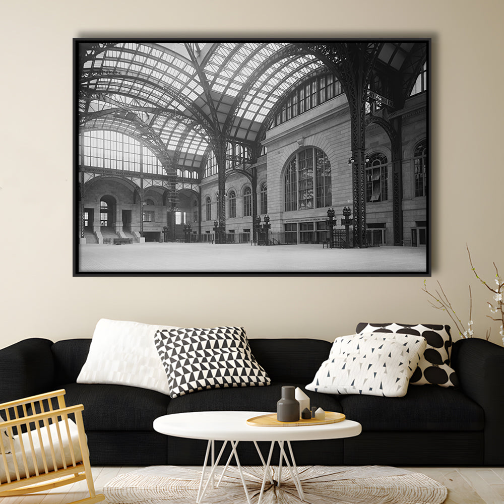 Penn Station New York Architecture Print Black and White Art, Floating Framed Canvas Print