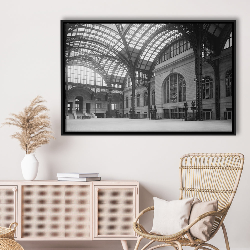 Penn Station New York Architecture Print Black and White Art, Floating Framed Canvas Print