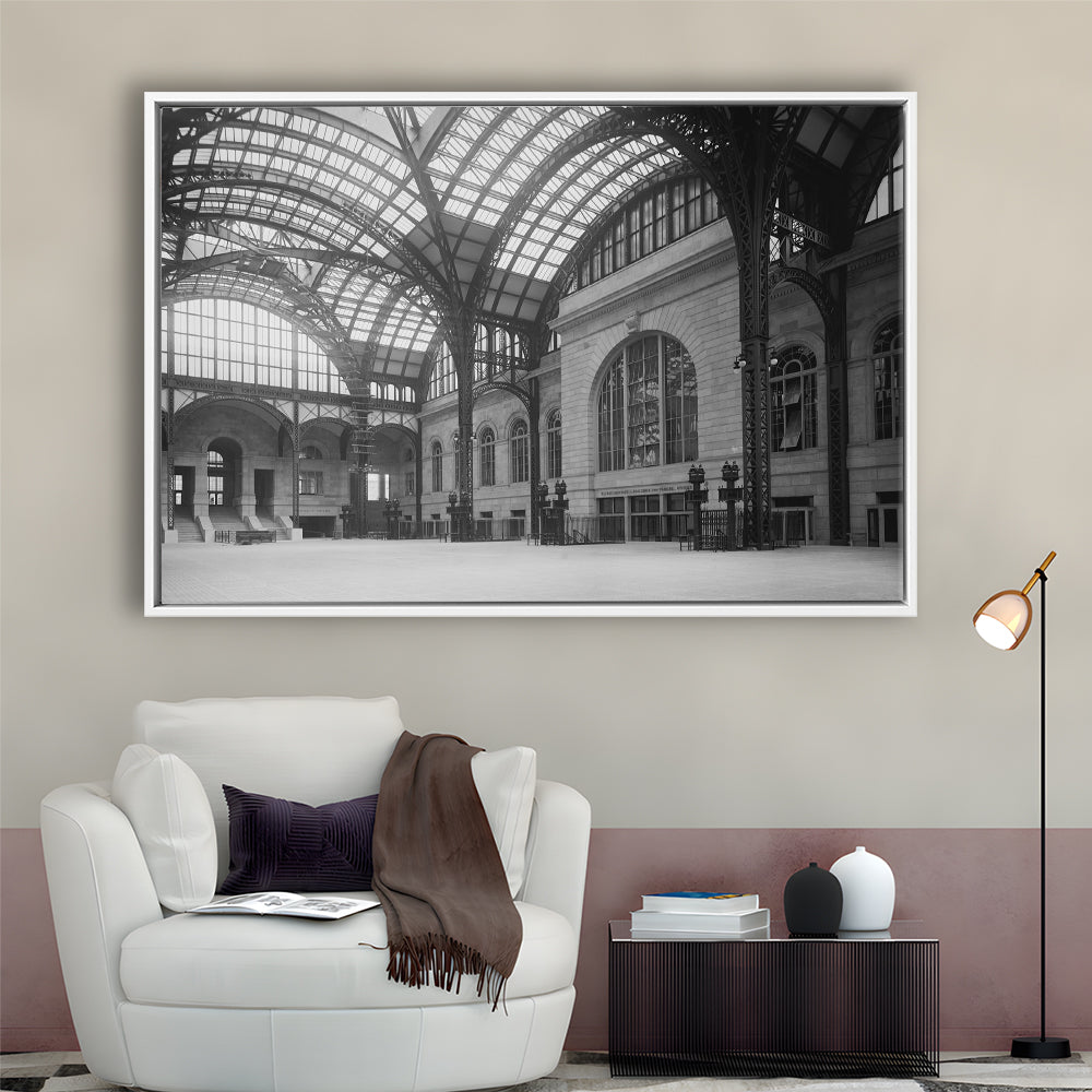 Penn Station New York Architecture Print Black and White Art, Floating Framed Canvas Print