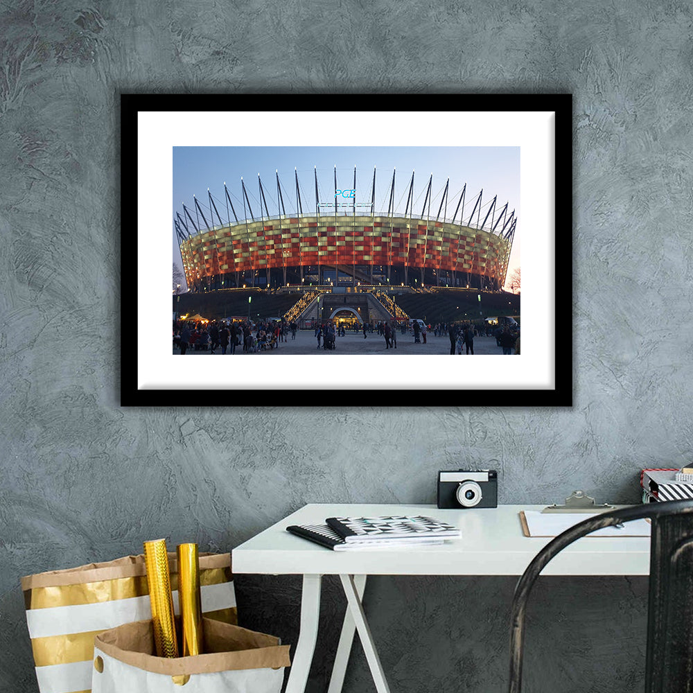 Pge Narodowy Stadium, Stadium Canvas, Sport Art, Gift for him, White Border Framed Art Print Wall Decor