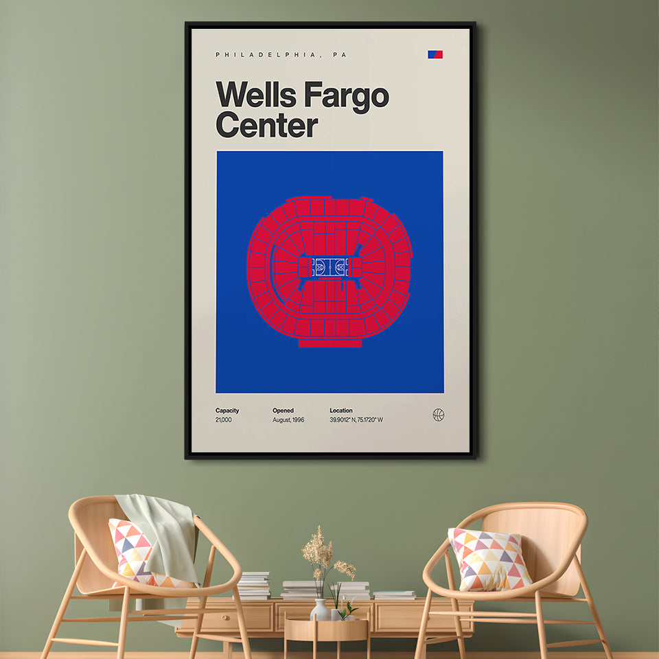Philadelphia Stadium Print, Sixers Wells Fargo Center Print, Man Cave Gift, Floating Framed Canvas Print Wall Art