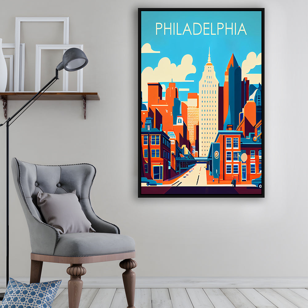 Philadelphia Retro Art Print, Philadelphia City Wall Art, Floating Framed Canvas Print, Framed Picture, Painting Canvas