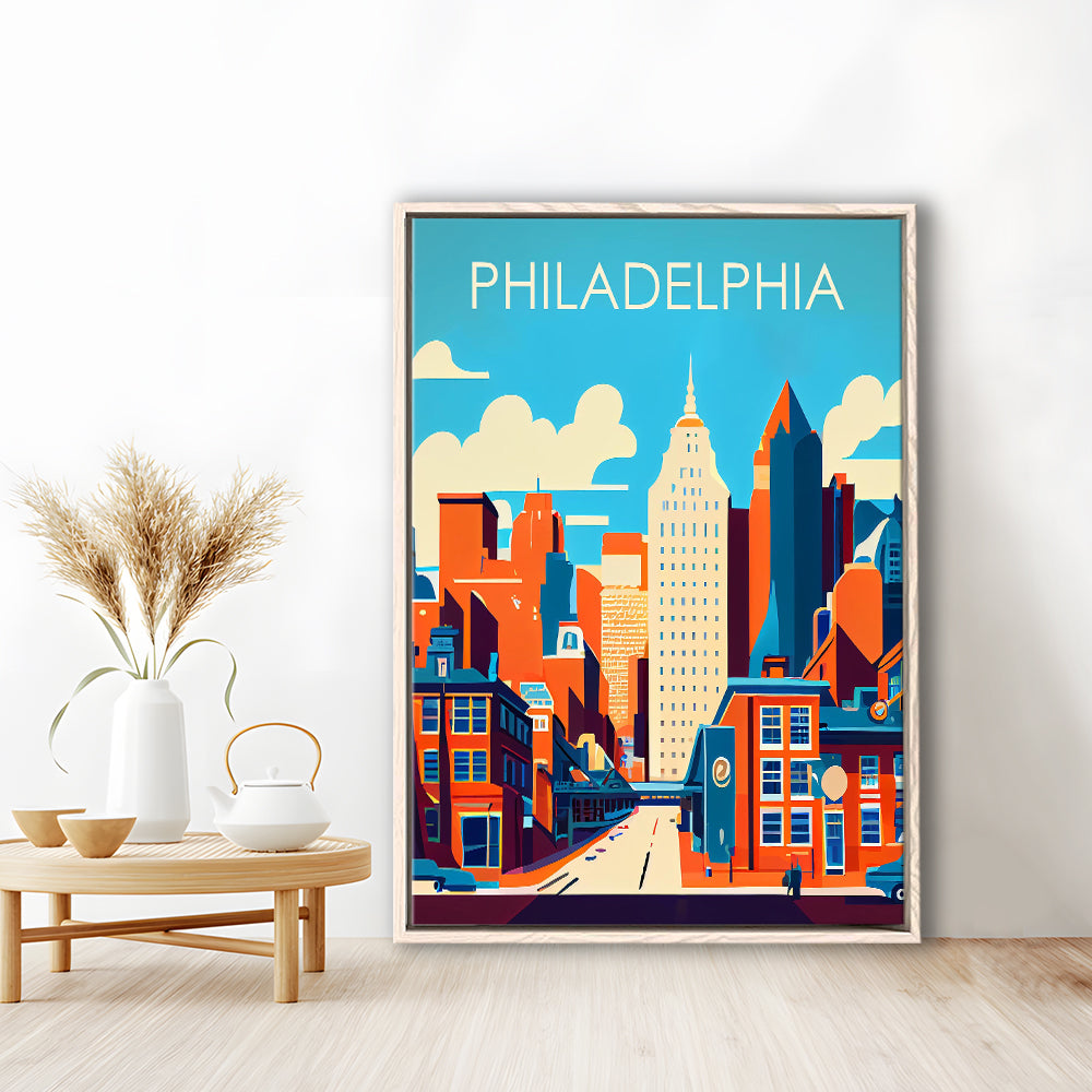 Philadelphia Retro Art Print, Philadelphia City Wall Art, Floating Framed Canvas Print, Framed Picture, Painting Canvas