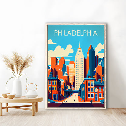 Philadelphia Retro Art Print, Philadelphia City Wall Art, Floating Framed Canvas Print, Framed Picture, Painting Canvas