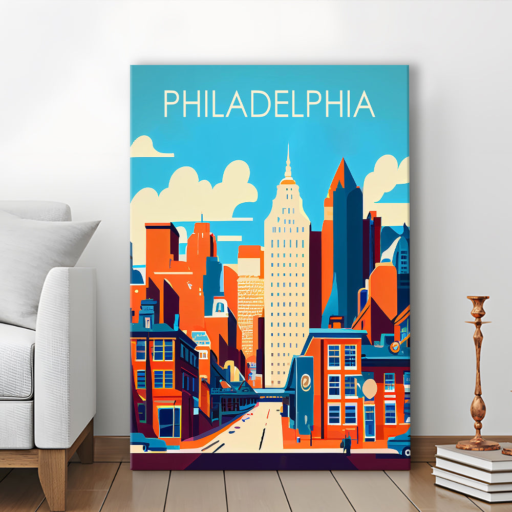 Philadelphia Retro Art Print, Philadelphia City Wall Art, Canvas Print, Painting Canvas, Living Room Decor