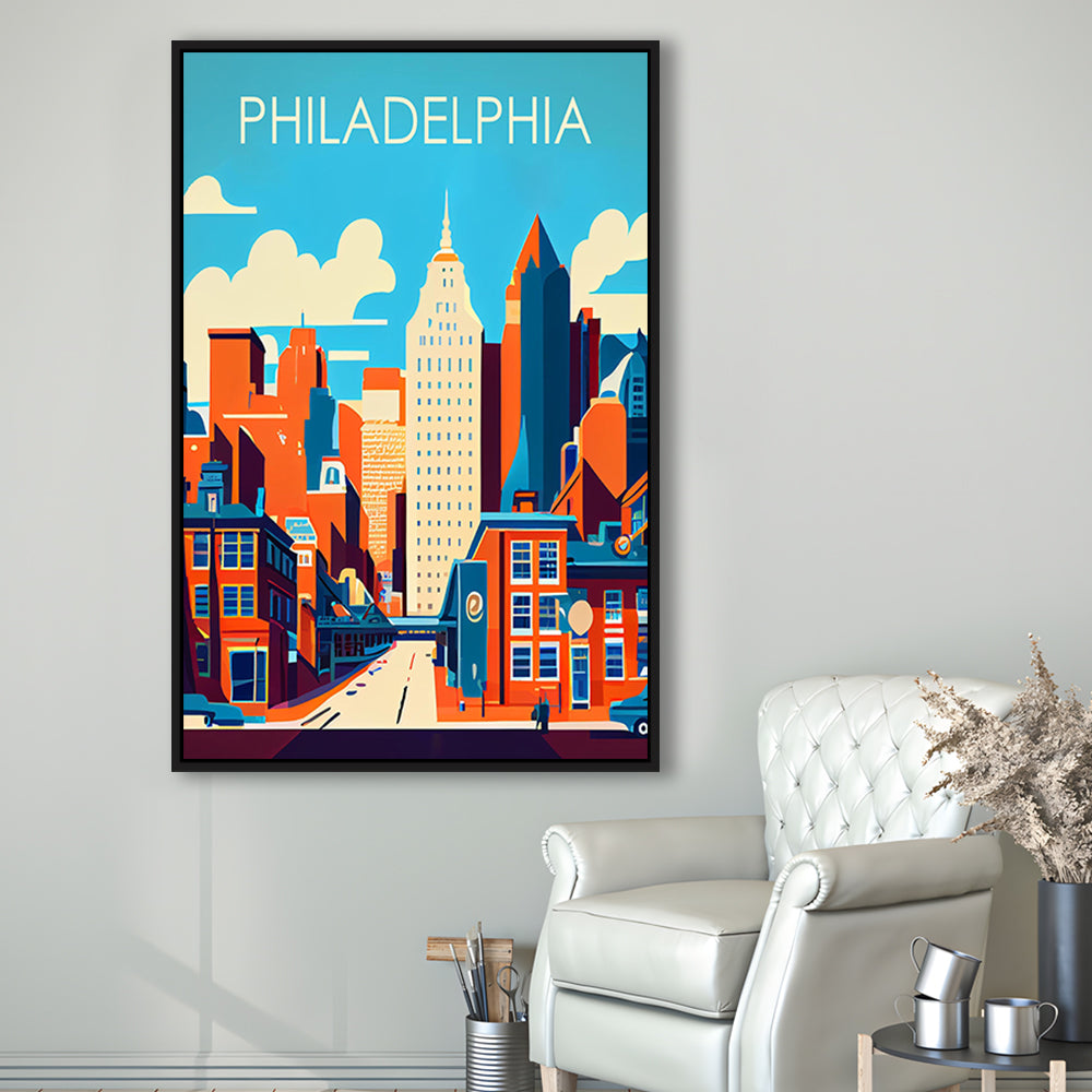 Philadelphia Retro Art Print, Philadelphia City Wall Art, Floating Framed Canvas Print, Framed Picture, Painting Canvas
