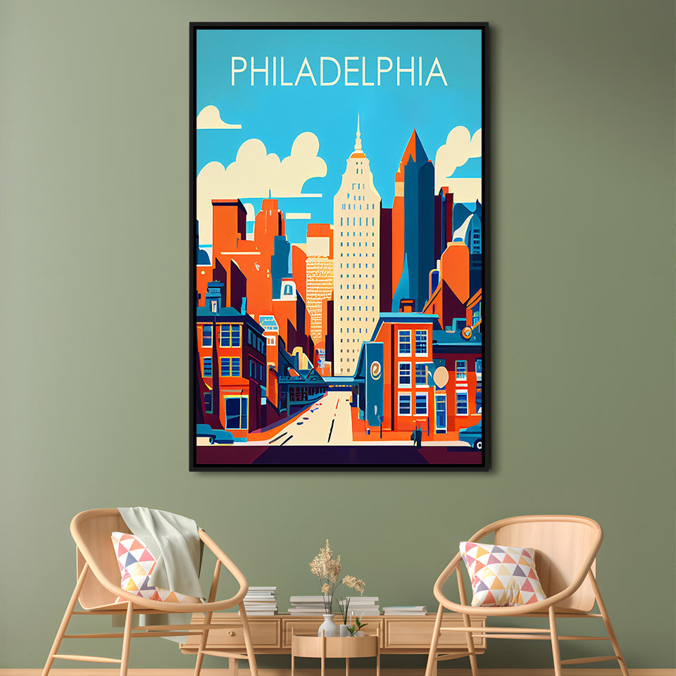 Philadelphia Retro Art Print, Philadelphia City Wall Art, Floating Framed Canvas Print, Framed Picture, Painting Canvas