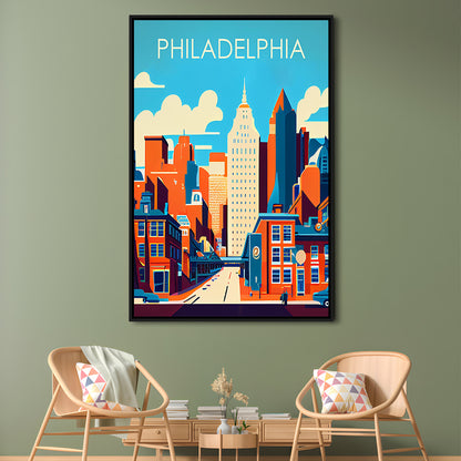 Philadelphia Retro Art Print, Philadelphia City Wall Art, Floating Framed Canvas Print, Framed Picture, Painting Canvas