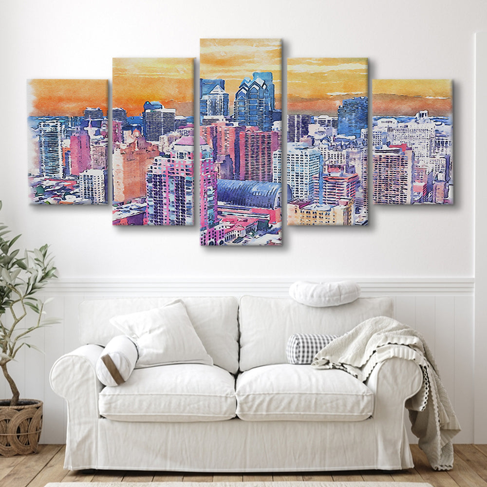 Philadelphia Watercolor, Philadelphia Pennsylvania, Sport Art, Mixed 5 Panel, Canvas Print Wall Art