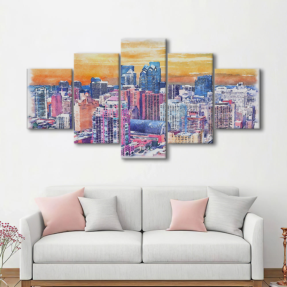 Philadelphia Watercolor, Philadelphia Pennsylvania, Sport Art, Mixed 5 Panel, Canvas Print Wall Art