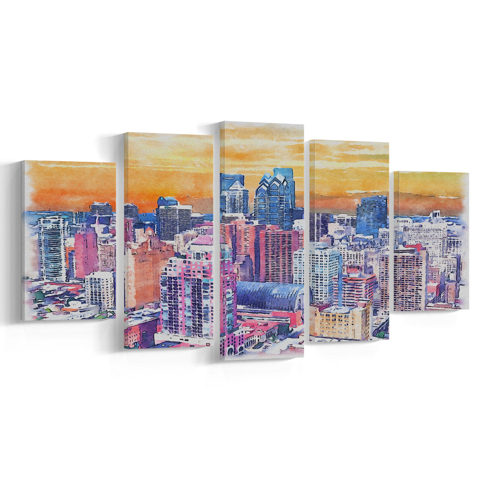 Philadelphia Watercolor, Philadelphia Pennsylvania, Sport Art, Mixed 5 Panel, Canvas Print Wall Art