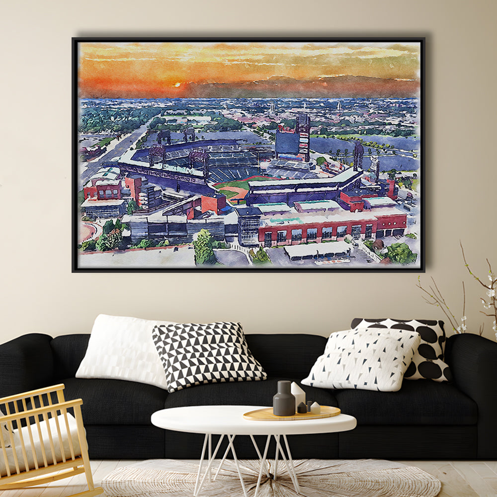 Phillies Painting Stadium Watercolor, Citizens Bank Stadium, Sport Gift Art, Framed Canvas Print Wall Art