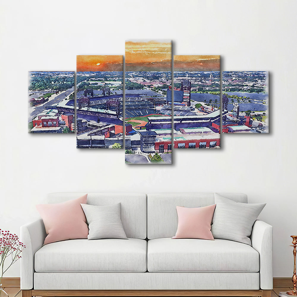 Phillies Painting Stadium Watercolor, Citizens Bank Stadium, Sport Art, Mixed 5 Panel, Canvas Print Wall Art