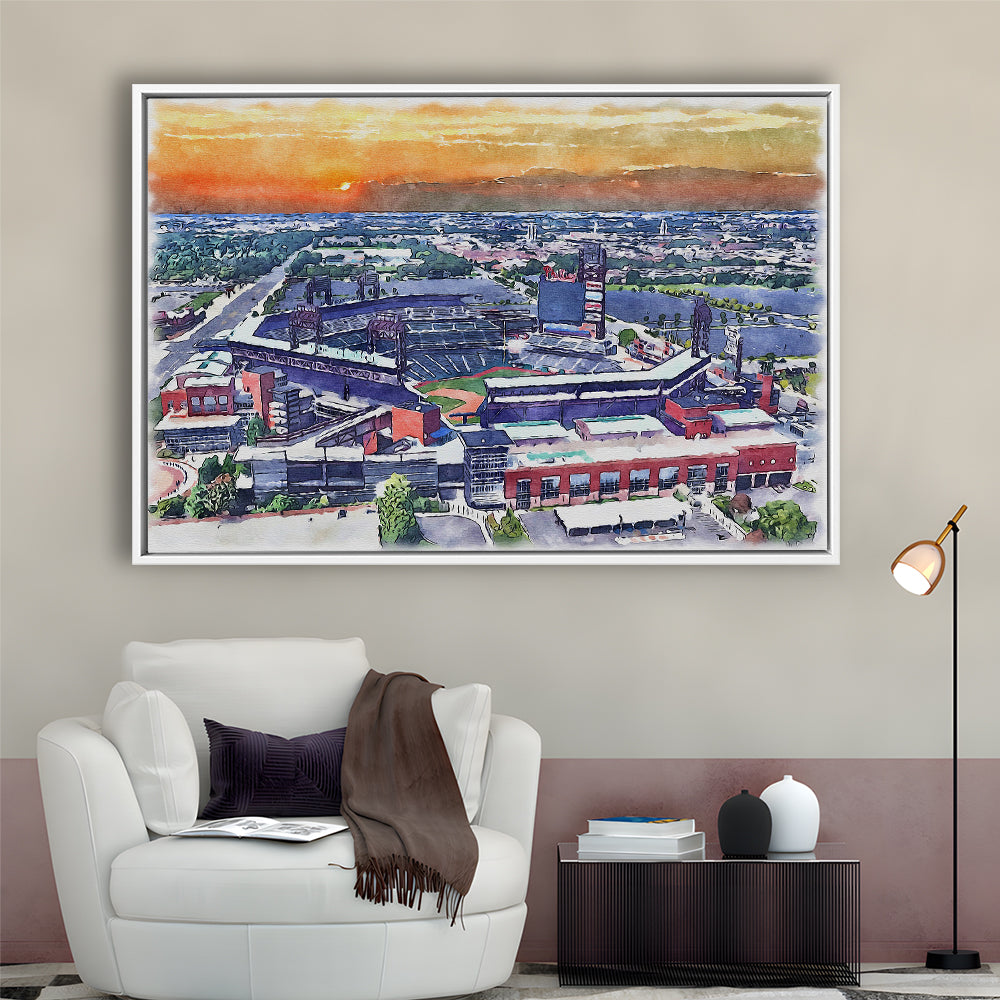 Phillies Painting Stadium Watercolor, Citizens Bank Stadium, Sport Gift Art, Framed Canvas Print Wall Art