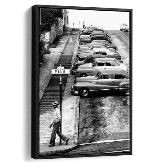 Pine Street Framed Canvas Print Wall Art, Black and White, Vintage Framed Canvas Print Wall Art, Old Photography