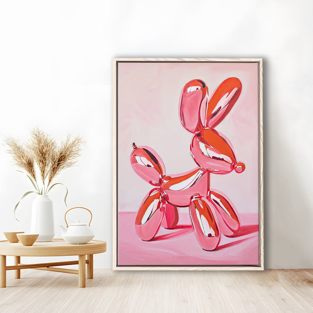Pink Balloon Dog Vintage Art Print Painting Preppy Pink Girly Dorm Room , Framed Canvas Print Wall Art, Floating Frame