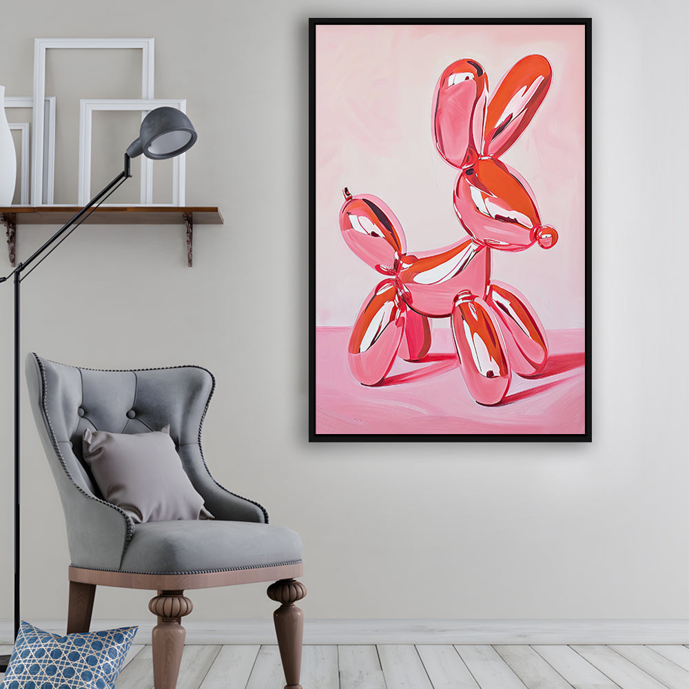Pink Balloon Dog Vintage Art Print Painting Preppy Pink Girly Dorm Room , Framed Canvas Print Wall Art, Floating Frame