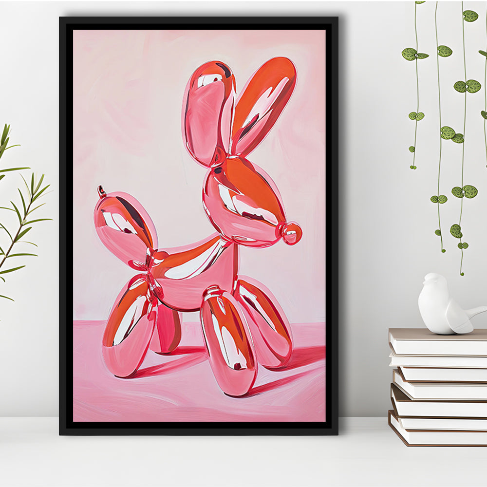 Pink Balloon Dog Vintage Art Print Painting Preppy Pink Girly Dorm Room , Framed Canvas Print Wall Art, Floating Frame