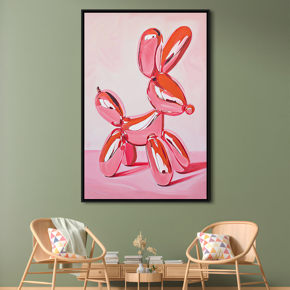 Pink Balloon Dog Vintage Art Print Painting Preppy Pink Girly Dorm Room , Framed Canvas Print Wall Art, Floating Frame