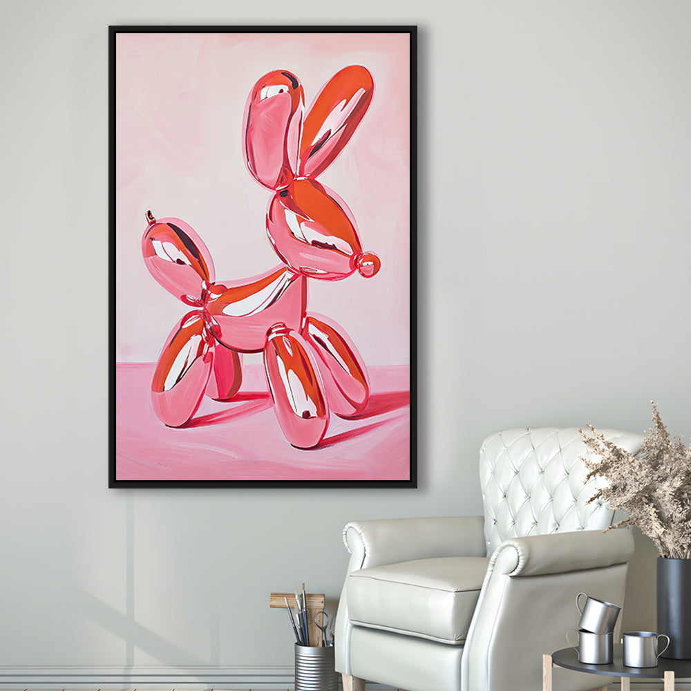 Pink Balloon Dog Vintage Art Print Painting Preppy Pink Girly Dorm Room , Framed Canvas Print Wall Art, Floating Frame