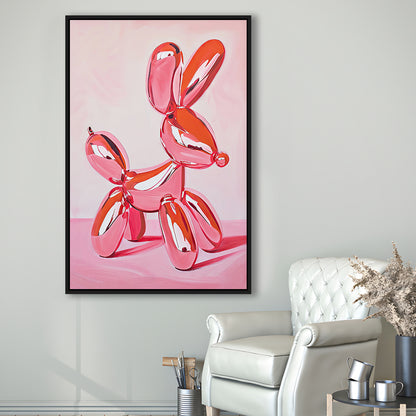 Pink Balloon Dog Vintage Art Print Painting Preppy Pink Girly Dorm Room , Framed Canvas Print Wall Art, Floating Frame