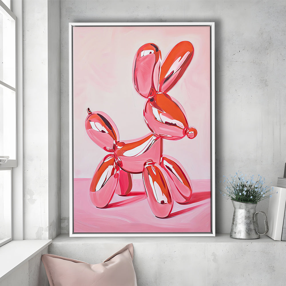 Pink Balloon Dog Vintage Art Print Painting Preppy Pink Girly Dorm Room , Framed Canvas Print Wall Art, Floating Frame