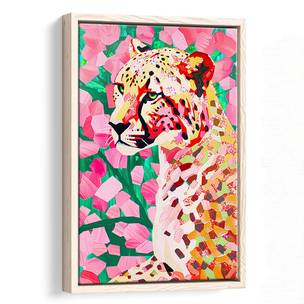Pink Cheetah Leopard Art Print Preppy Decor Dorm Room Maximalist Trendy, Framed Canvas Print Wall Art, Floating Frame