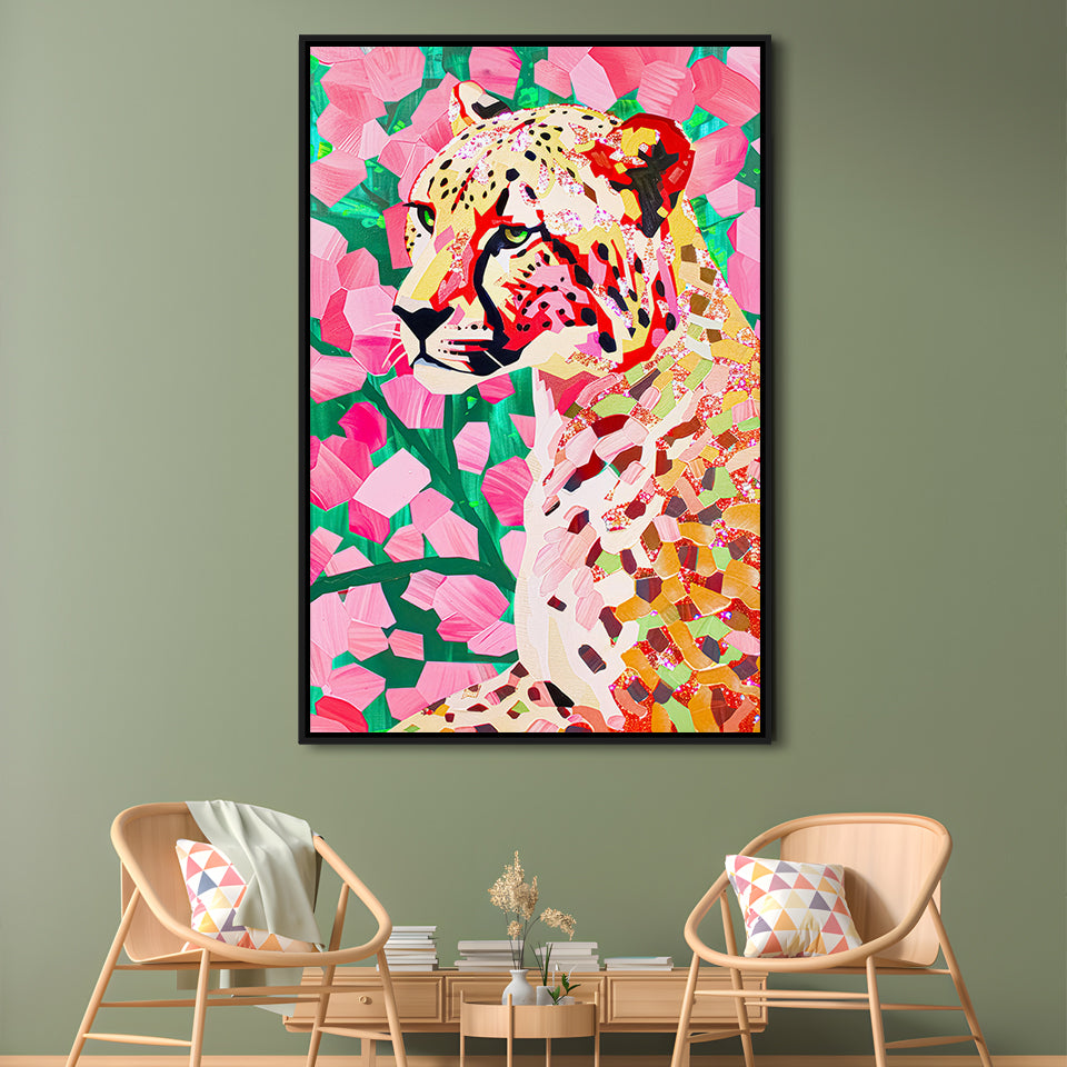 Pink Cheetah Leopard Art Print Preppy Decor Dorm Room Maximalist Trendy, Framed Canvas Print Wall Art, Floating Frame