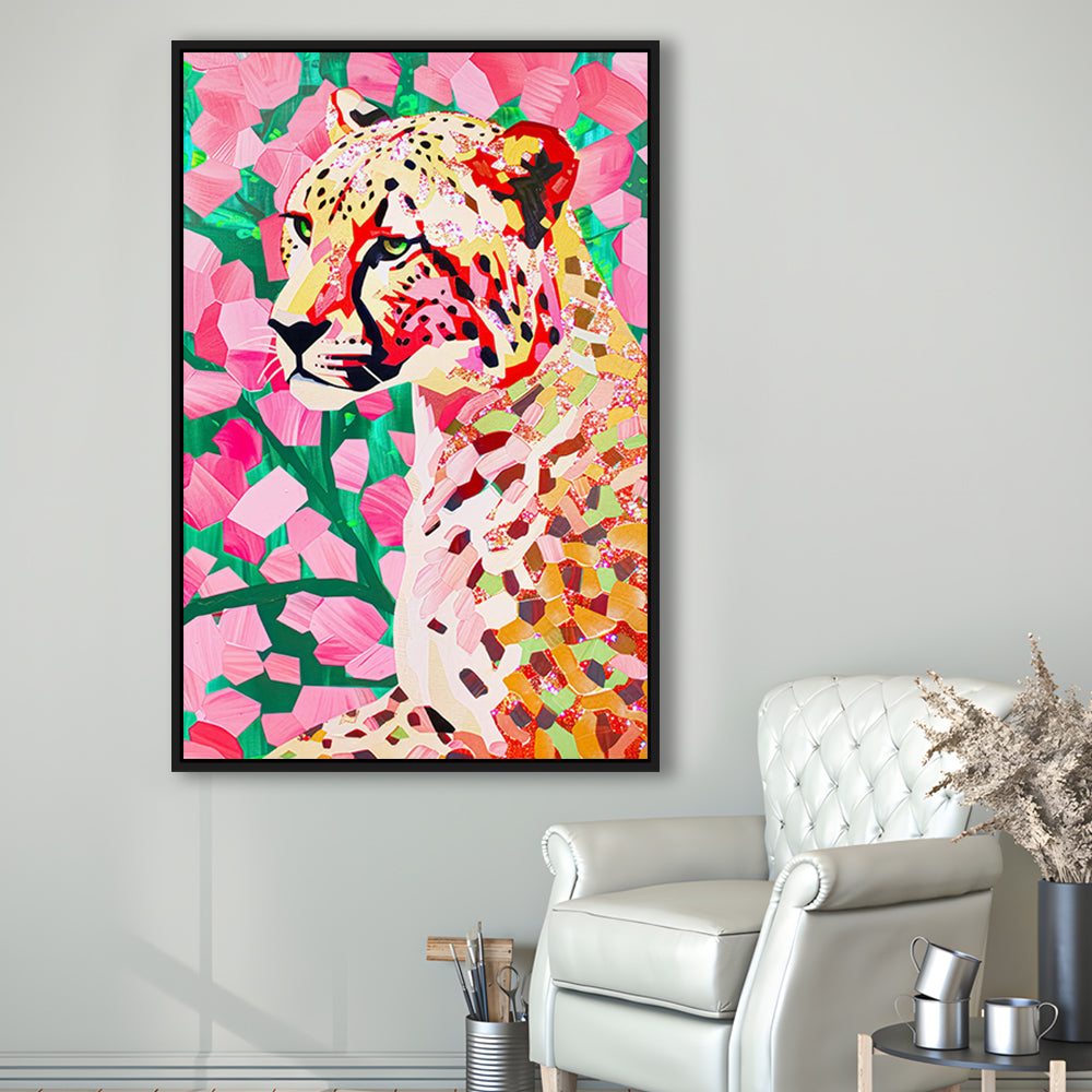 Pink Cheetah Leopard Art Print Preppy Decor Dorm Room Maximalist Trendy, Framed Canvas Print Wall Art, Floating Frame